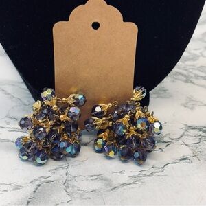 Pearl craft Elegant Gold and Purple/blue Cluster Earrings Clip on